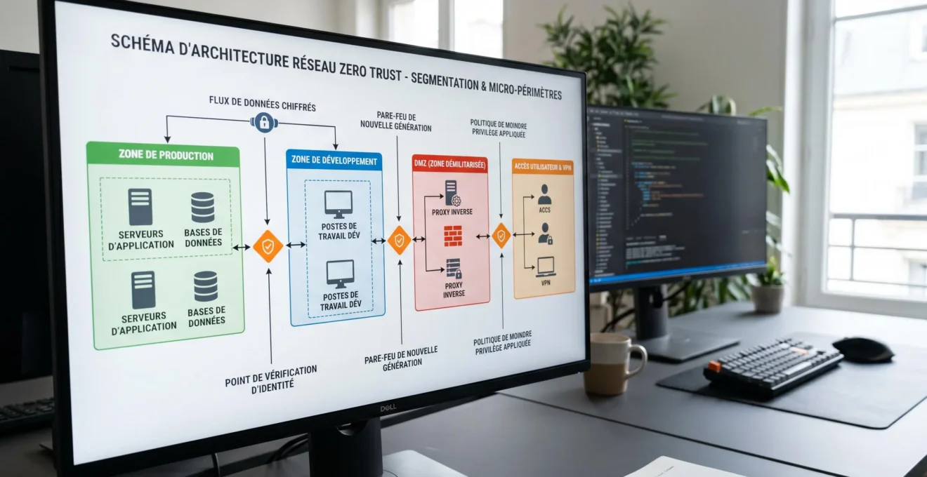Écran d'architecte Cloud affichant schéma professionnel d'architecture réseau segmentée avec zones de sécurité cloisonnées et flux de données chiffrés