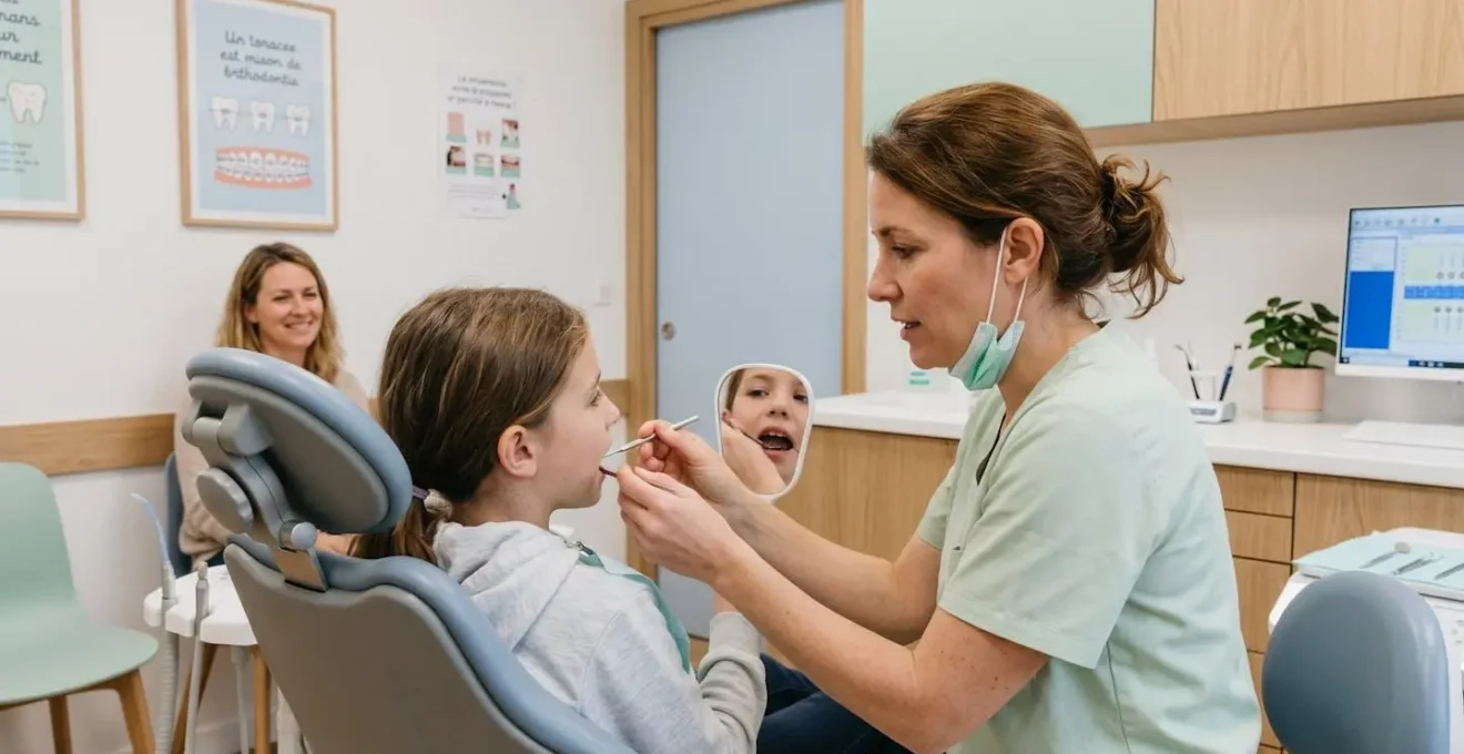 Enfant lors d'une consultation orthodontique avec praticien utilisant un miroir dentaire pour expliquer une anomalie dentaire, parent présent en arrière-plan