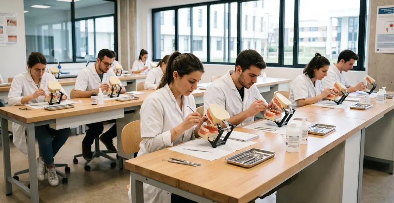 Étudiants en odontologie pratiquant sur des modèles dentaires dans une salle de travaux pratiques universitaires moderne
