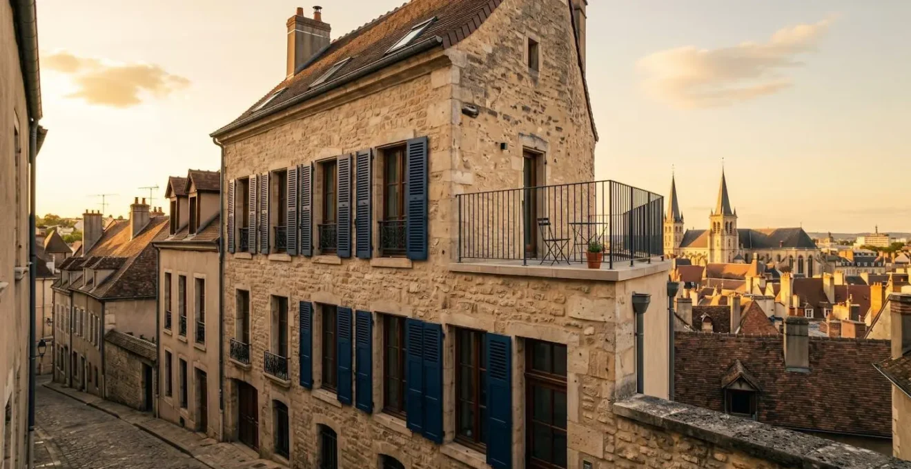 Façade d'un immeuble ancien rénové à Dijon avec terrasse et volets colorés, symbolisant le charme du patrimoine immobilier haut de gamme.