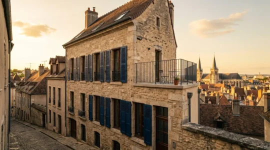 Façade d'un immeuble ancien rénové à Dijon avec terrasse et volets colorés, symbolisant le charme du patrimoine immobilier haut de gamme.