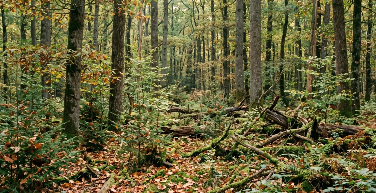 Forêt de feuillus française en régénération naturelle avec diversité d'âges d'arbres et sol riche en matière organique sous lumière filtrée
