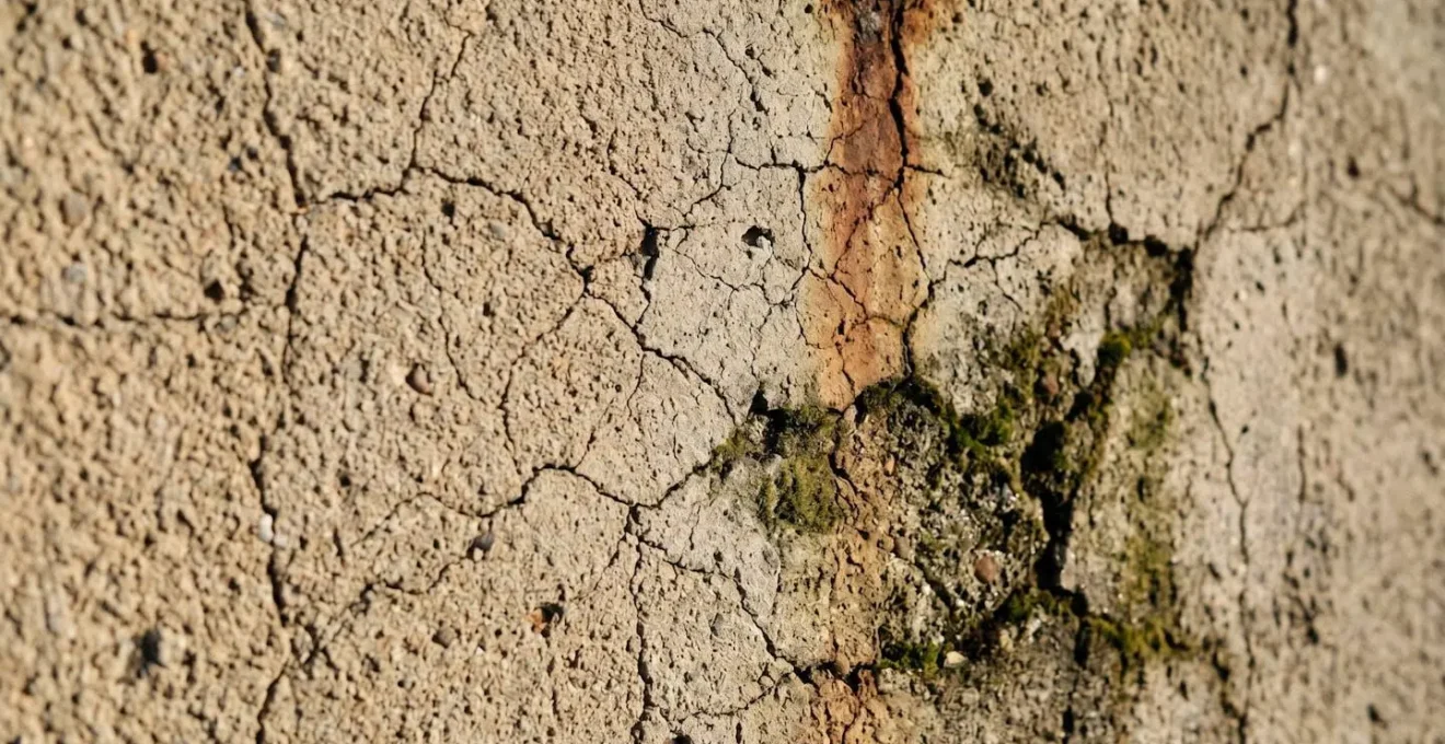 Gros plan surface enduit façade montrant mousses verdâtres, traces rougeâtres oxydation et réseau microfissures en toile