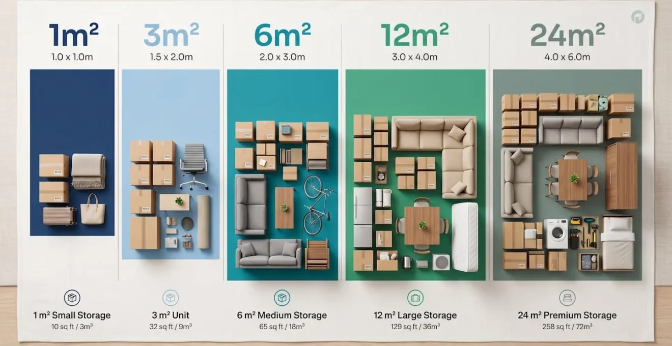 Illustration comparant les différentes tailles de box de stockage, de 1 m² à 50 m², avec exemples de contenus types pour chaque surface