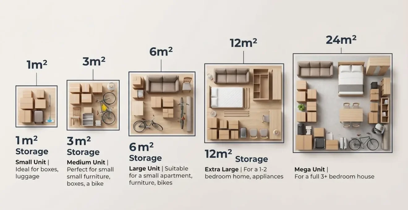 Illustration comparant les différentes tailles de box de stockage, de 1 m² à 50 m², avec exemples de contenus types pour chaque surface