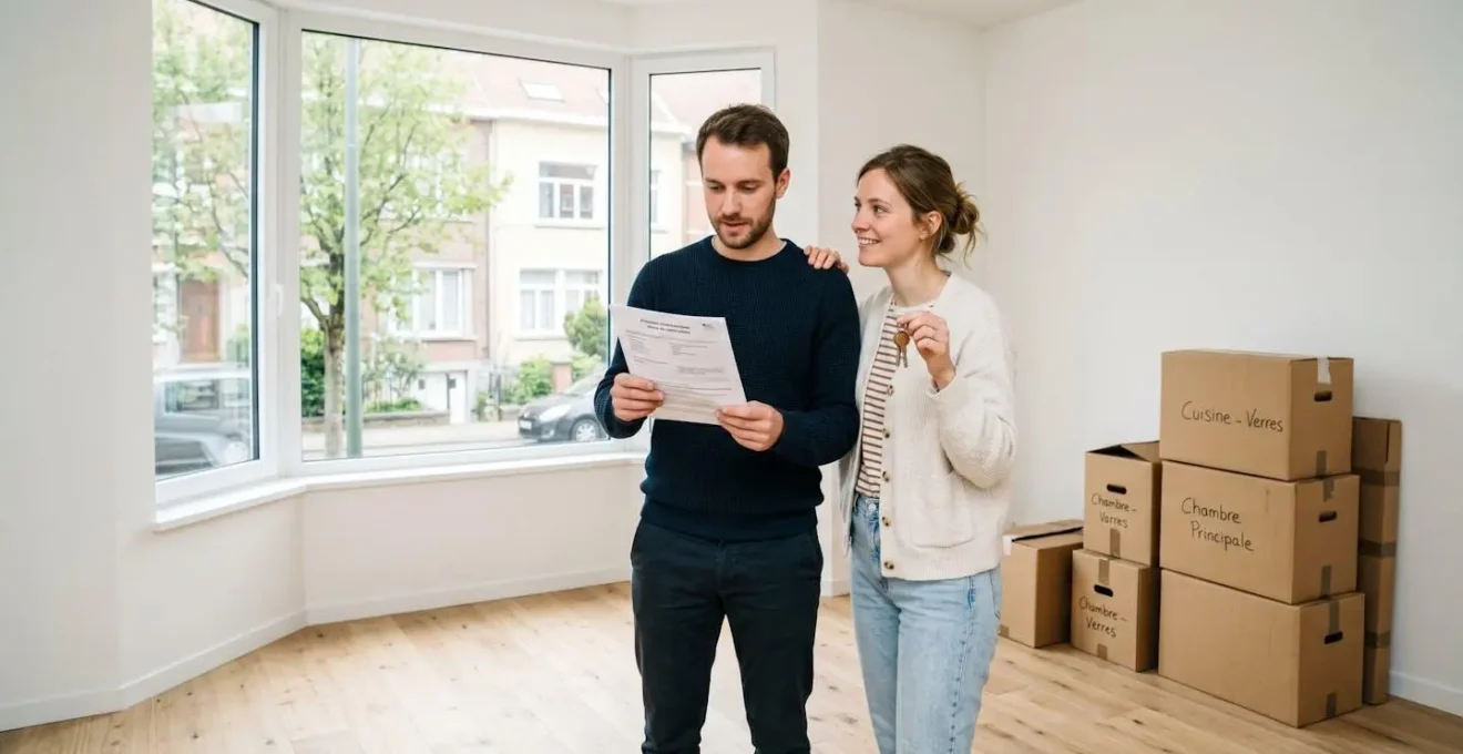 Jeune couple souriant dans appartement vide lumineux, femme tenant trousseau de clés, homme consultant document de financement, cartons de déménagement en arrière-plan, illustrant accession à la propriété pour jeunes actifs