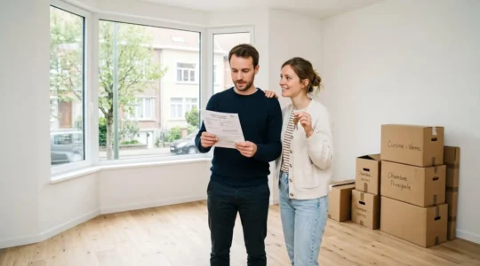 Jeune couple souriant dans appartement vide lumineux, femme tenant trousseau de clés, homme consultant document de financement, cartons de déménagement en arrière-plan, illustrant accession à la propriété pour jeunes actifs