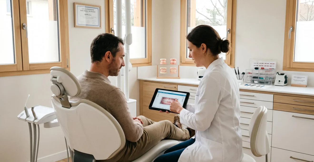 Orthodontiste en consultation avec un patient dans un cabinet moderne, présentant un plan de traitement sur tablette numérique avec équipement orthodontique professionnel visible en arrière-plan
