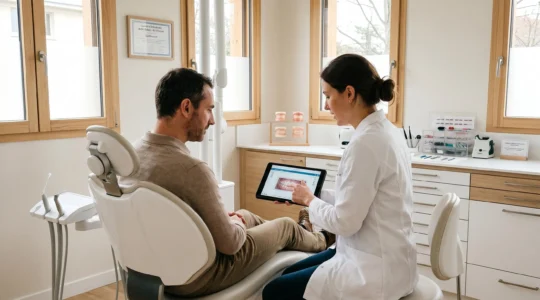 Orthodontiste en consultation avec un patient dans un cabinet moderne, présentant un plan de traitement sur tablette numérique avec équipement orthodontique professionnel visible en arrière-plan