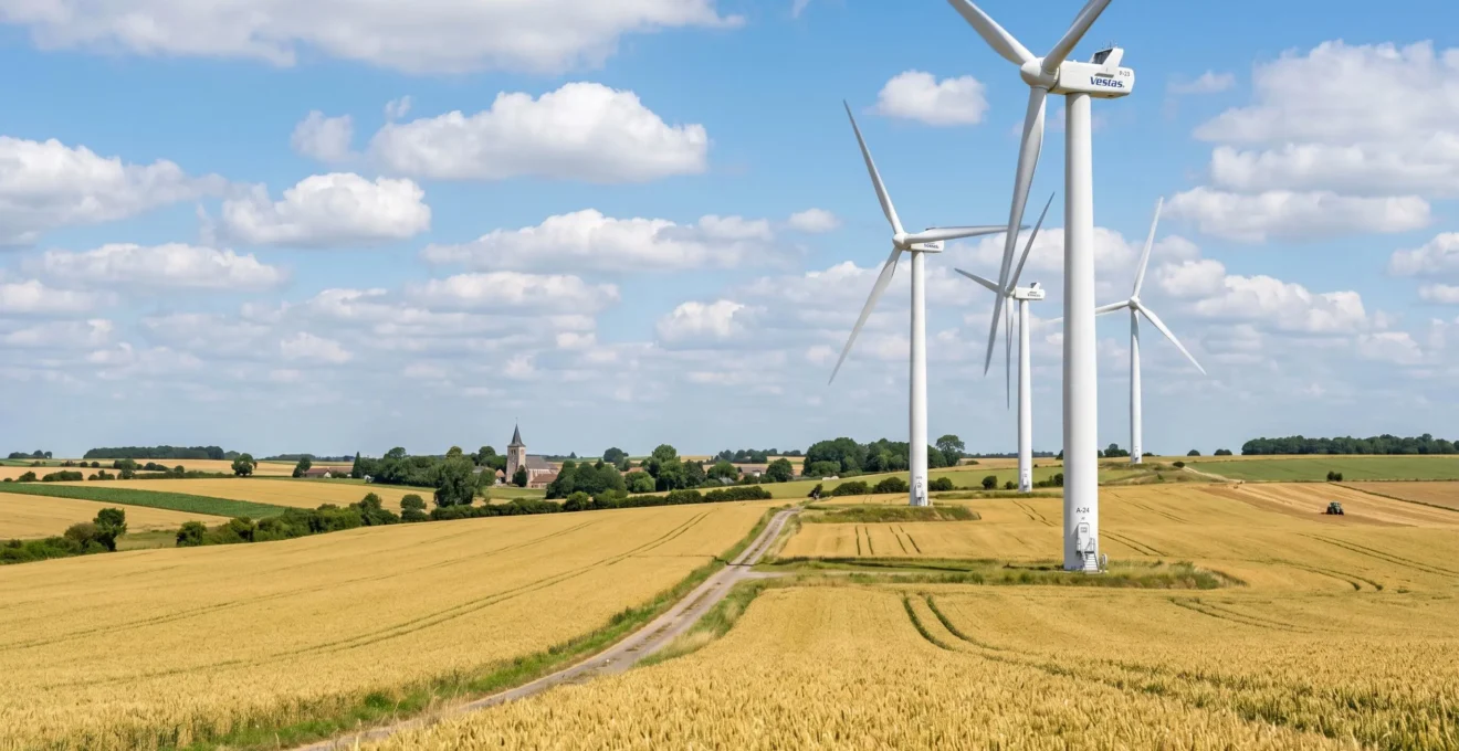 Parc éolien terrestre dans la campagne française avec éoliennes modernes au-dessus de champs cultivés sous ciel partiellement nuageux