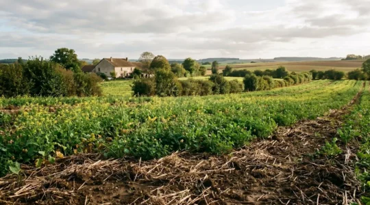 Parcelle agricole française en semis direct sous couvert végétal avec haie bocagère et arbres agroforestiers en arrière-plan, sous lumière naturelle de fin de journée
