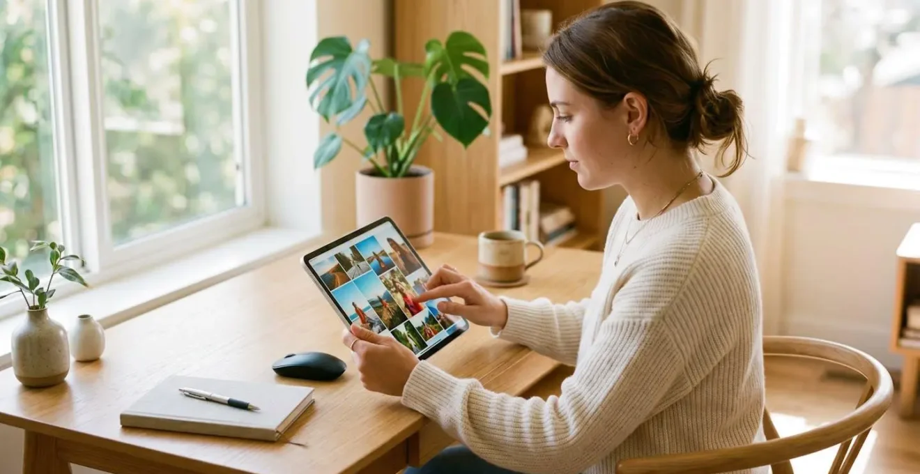 Une personne parcourt une galerie de photos sur une tablette pour créer une vidéo