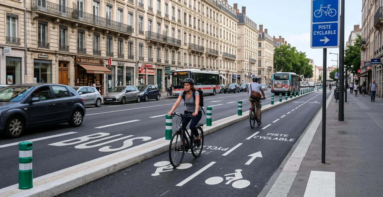 Piste cyclable protégée en milieu urbain français avec cyclistes en mouvement et architecture urbaine typique en arrière-plan