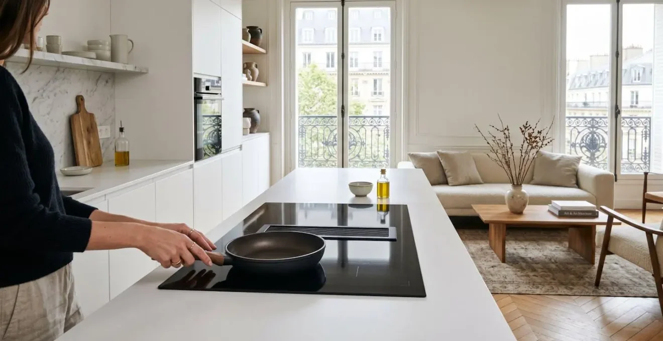 Vue d'ensemble d'une cuisine ouverte sur salon avec une plaque induction à hotte intégrée encastrée, lignes épurées et finition verre noir mat