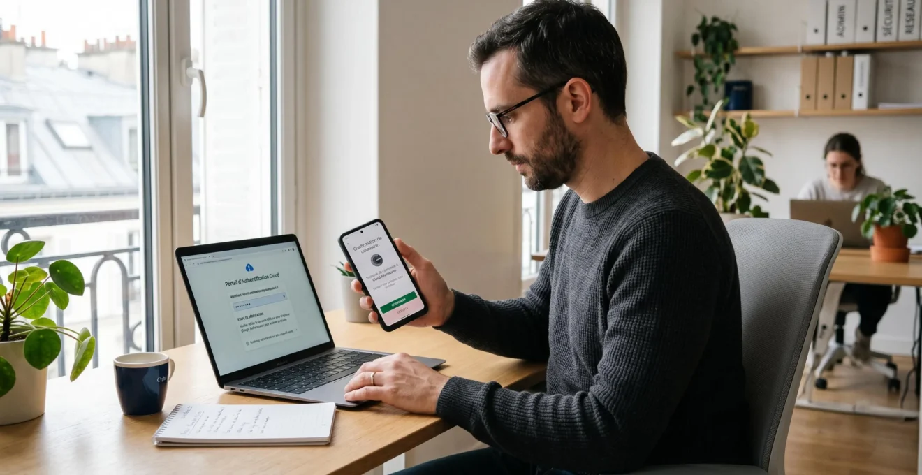 Professionnel validant authentification multi-facteurs sur smartphone avec notification sécurisée pendant connexion à infrastructure Cloud sur ordinateur portable