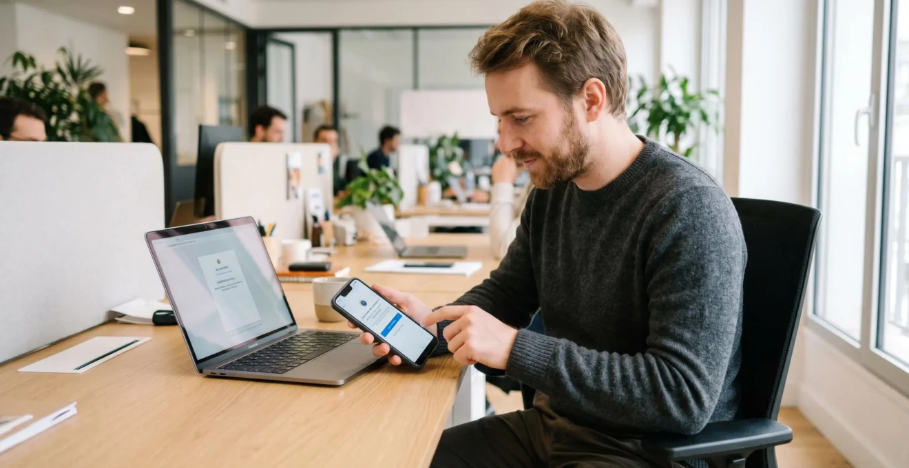 Professionnel validant authentification multi-facteurs sur smartphone avec notification sécurisée pendant connexion à infrastructure Cloud sur ordinateur portable