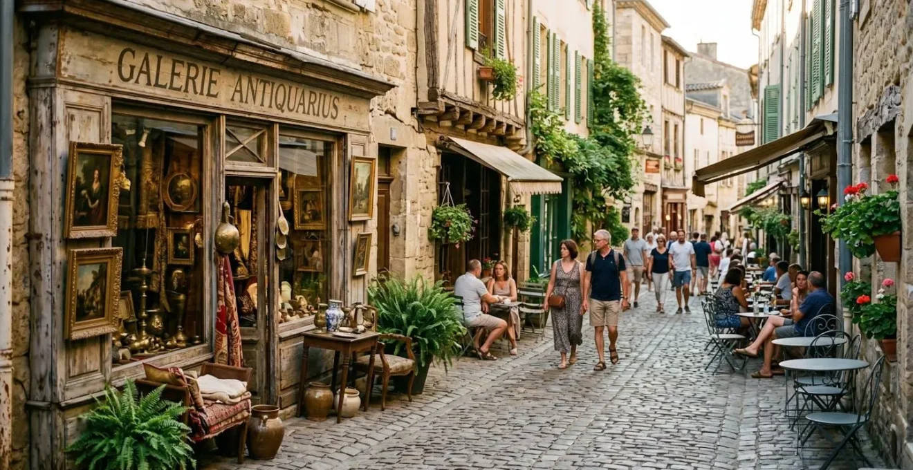 Rue du quartier des Antiquaires à Dijon avec galeries et terrasses de cafés.
