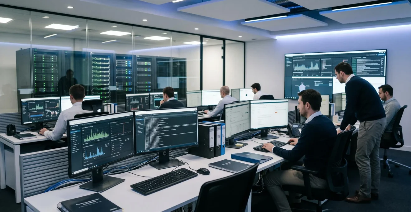 Salle de contrôle cybersécurité moderne avec techniciens surveillant tableaux de bord temps réel et infrastructure serveurs sécurisée en arrière-plan