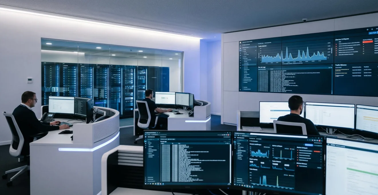Salle de contrôle cybersécurité moderne avec techniciens surveillant tableaux de bord temps réel et infrastructure serveurs sécurisée en arrière-plan