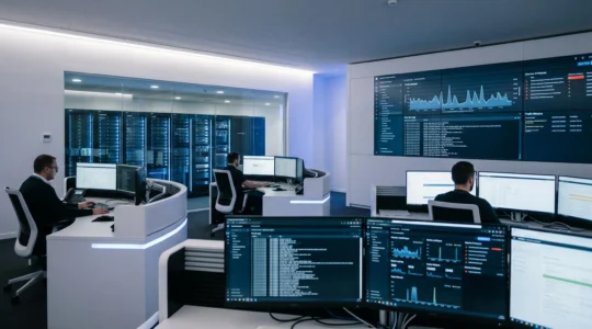 Salle de contrôle cybersécurité moderne avec techniciens surveillant tableaux de bord temps réel et infrastructure serveurs sécurisée en arrière-plan