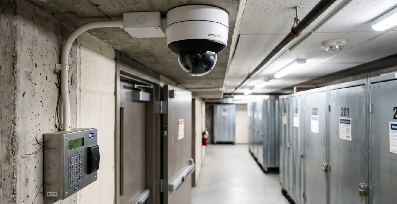 Détail d'une caméra de vidéosurveillance fixée au plafond d'un couloir de self-stockage avec panneau de contrôle d'accès numérique visible en arrière-plan