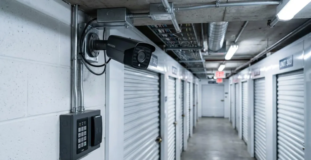 Détail d'une caméra de vidéosurveillance fixée au plafond d'un couloir de self-stockage avec panneau de contrôle d'accès numérique visible en arrière-plan