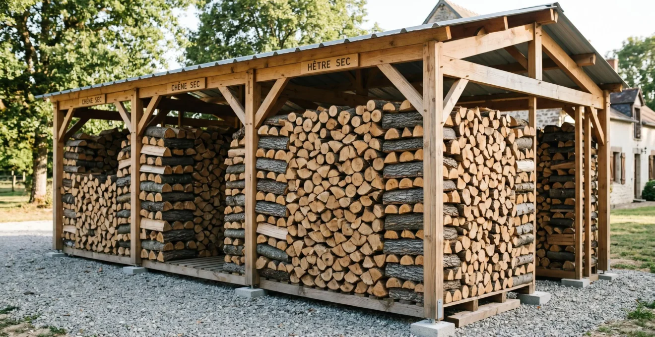 Stères de bûches de chêne et hêtre empilées dans un abri extérieur français, bois sec organisé en rangées