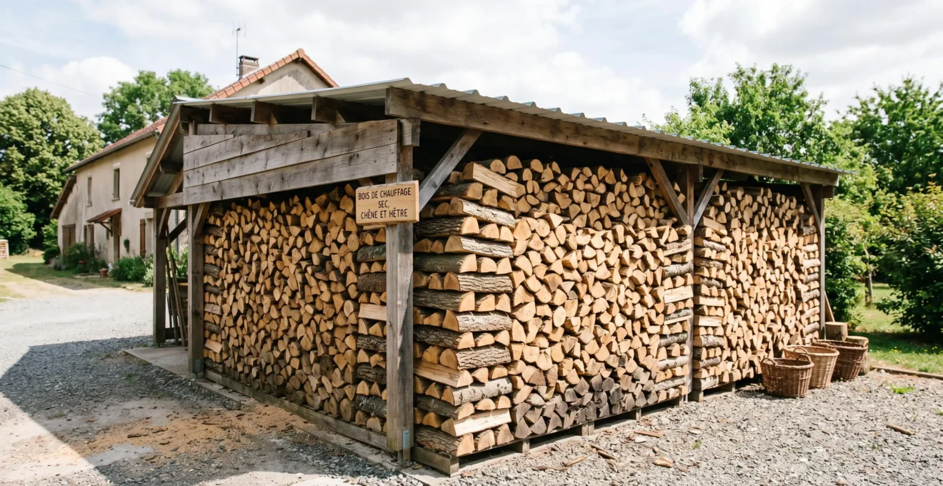 Stères de bûches de chêne et hêtre empilées dans un abri extérieur français, bois sec organisé en rangées
