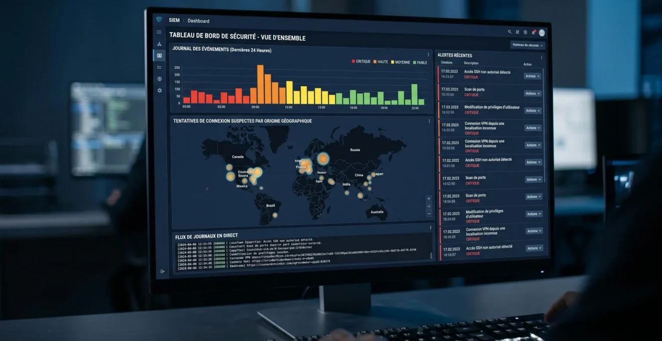 Tableau de bord SIEM professionnel temps réel affichant détection d'événements sécurité, alertes criticité et flux de logs de surveillance infrastructure Cloud