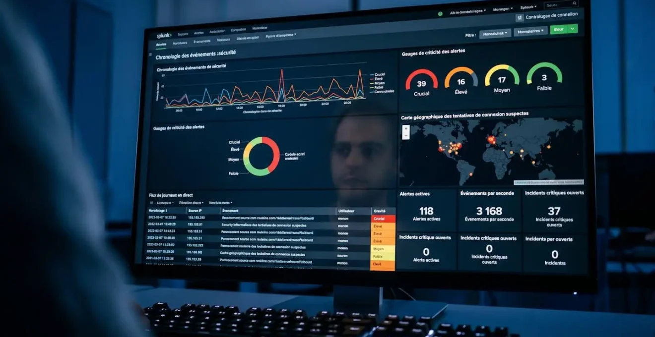 Tableau de bord SIEM professionnel temps réel affichant détection d'événements sécurité, alertes criticité et flux de logs de surveillance infrastructure Cloud