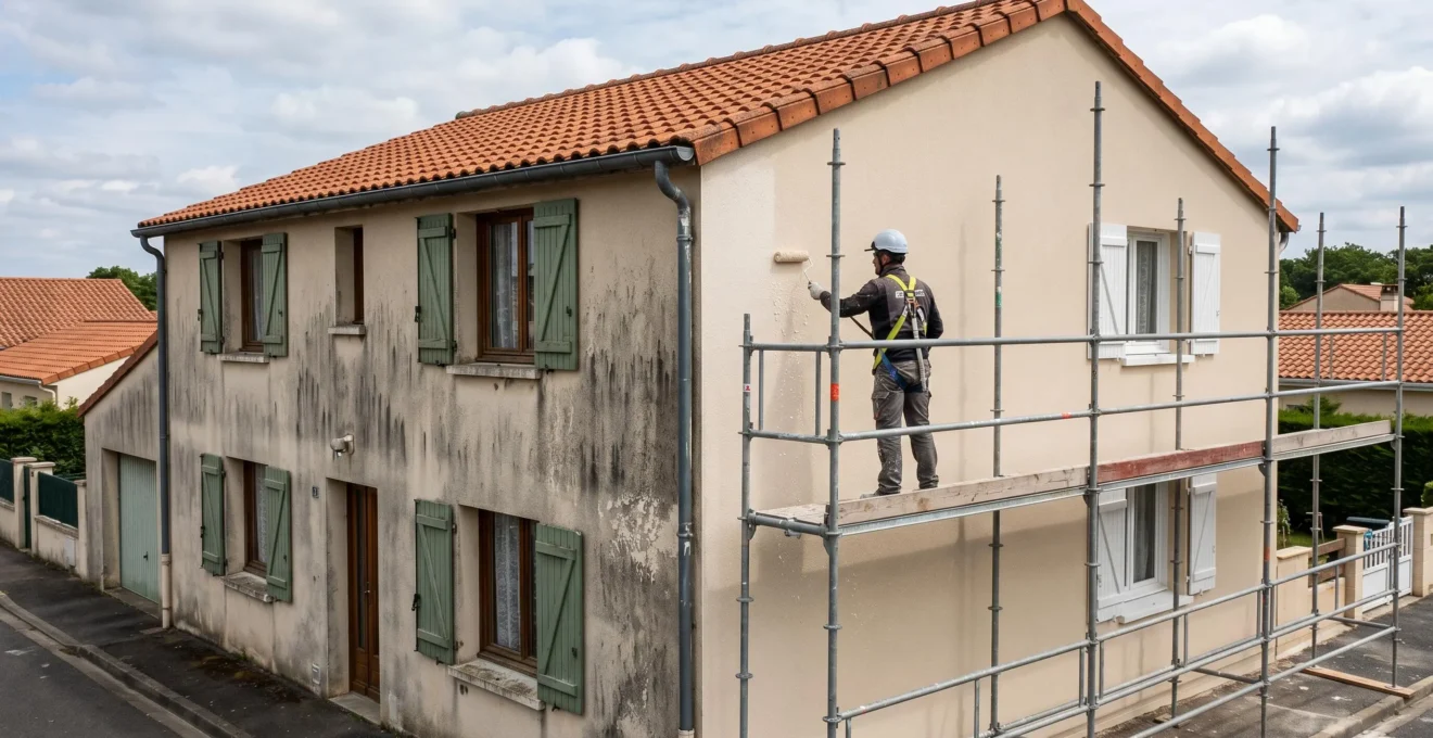 Technicien en sécurité appliquant traitement hydrofuge sur échafaudage devant façade maison individuelle montrant contraste entre zone dégradée et zone rénovée