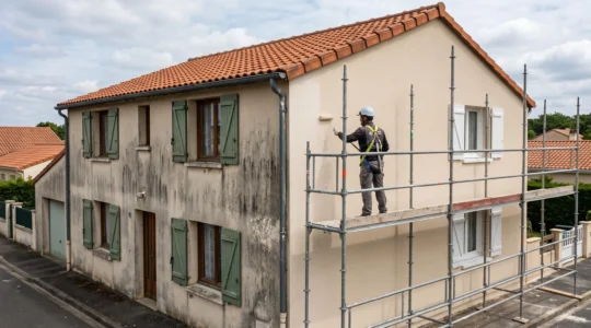 Technicien en sécurité appliquant traitement hydrofuge sur échafaudage devant façade maison individuelle montrant contraste entre zone dégradée et zone rénovée