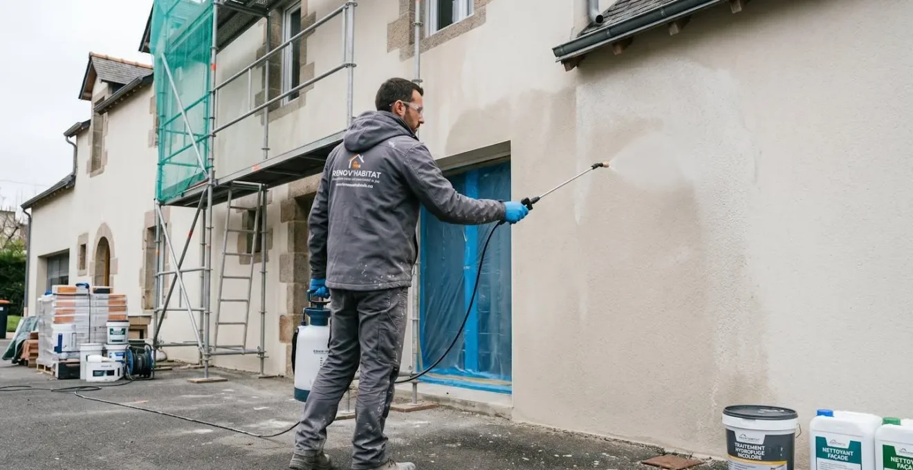 Technicien en équipement protection appliquant traitement hydrofuge au pulvérisateur sur façade enduit lors chantier rénovation