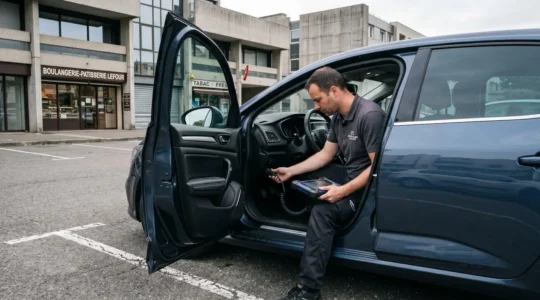 Technicien serrurier automobile utilisant un équipement de diagnostic électronique portable connecté au port OBD d'un véhicule moderne sur un parking extérieur, avec bâtiment urbain français en arrière-plan
