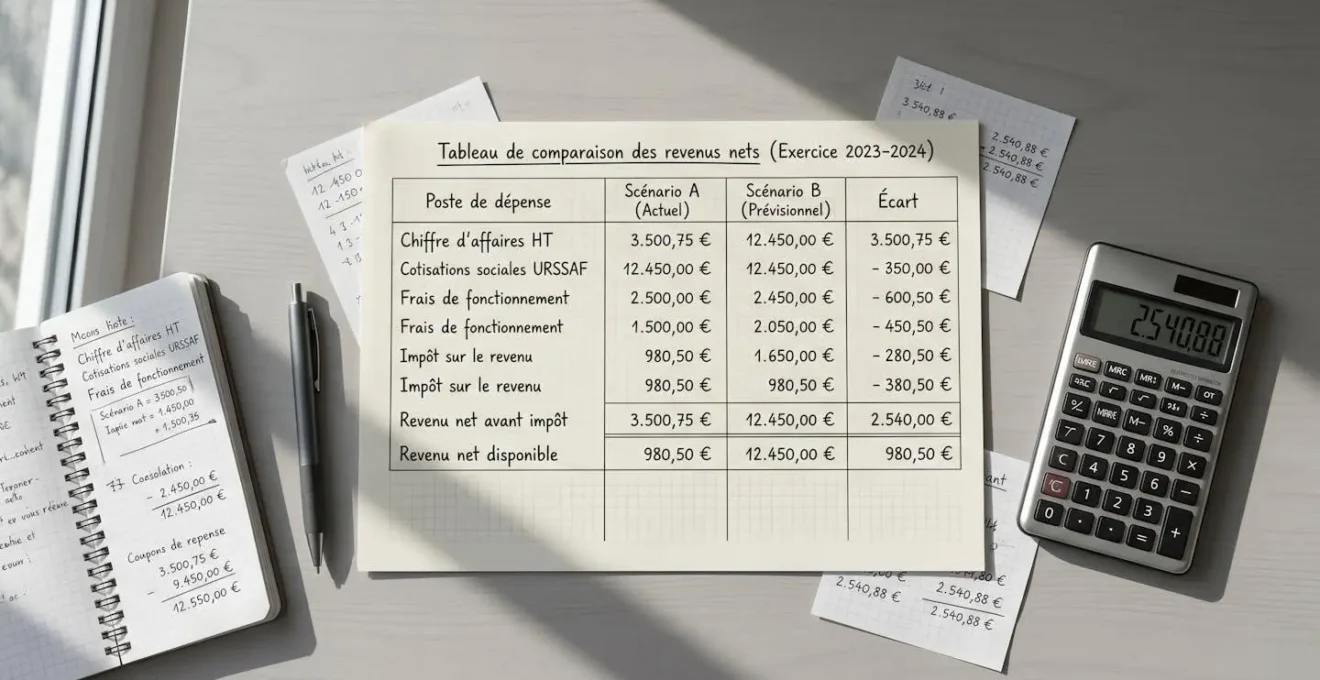 Vue de dessus d'un bureau avec feuille de calcul manuscrite comparant revenus nets en euros, calculatrice moderne et carnet de notes, lumière naturelle