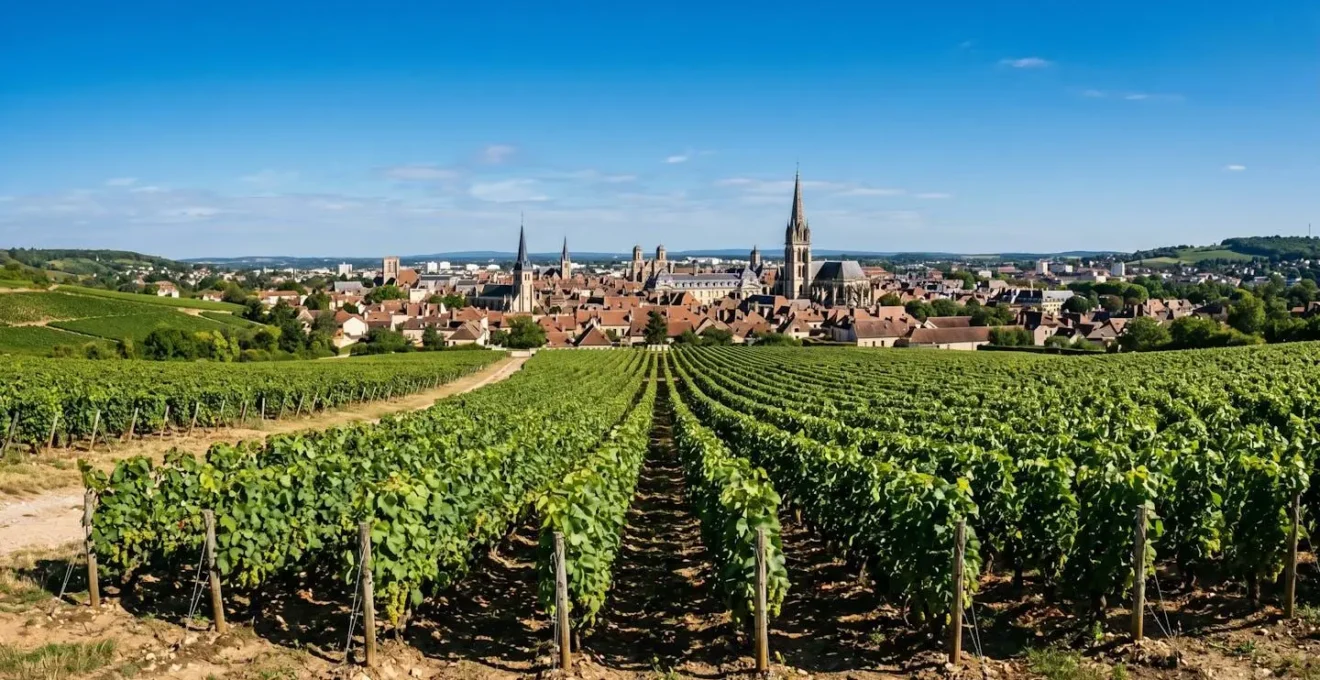 Vue panoramique de Dijon depuis les vignobles de Bourgogne.