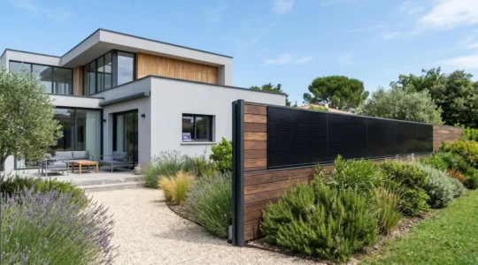 Propriété résidentielle française avec clôture photovoltaïque moderne intégrée dans un jardin paysagé