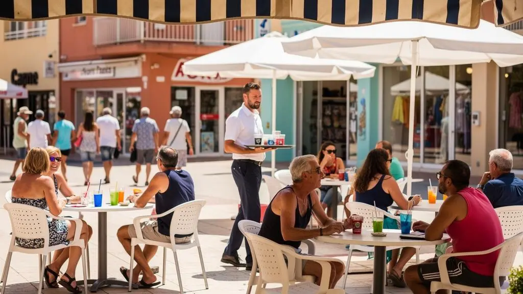 Terrasse de café animée dans le centre-ville de La Grande-Motte avec vacanciers attablés et passants