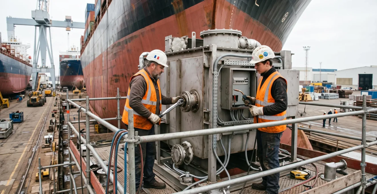 Infrastructure portuaire d'avitaillement en gaz naturel liquéfié (GNL) avec bras de connexion et équipements de sécurité installés sur un quai industriel