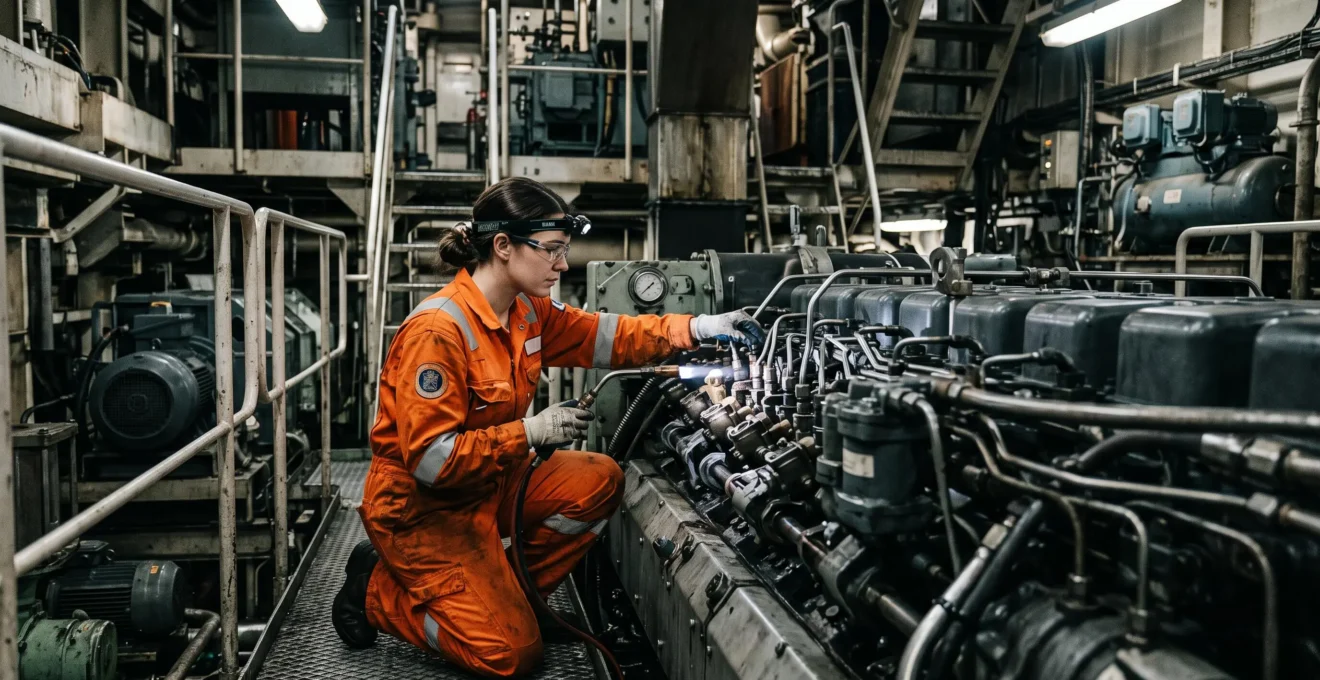 Ingénieur maritime en combinaison de travail inspectant un système de propulsion à carburant alternatif dans la salle des machines d'un navire