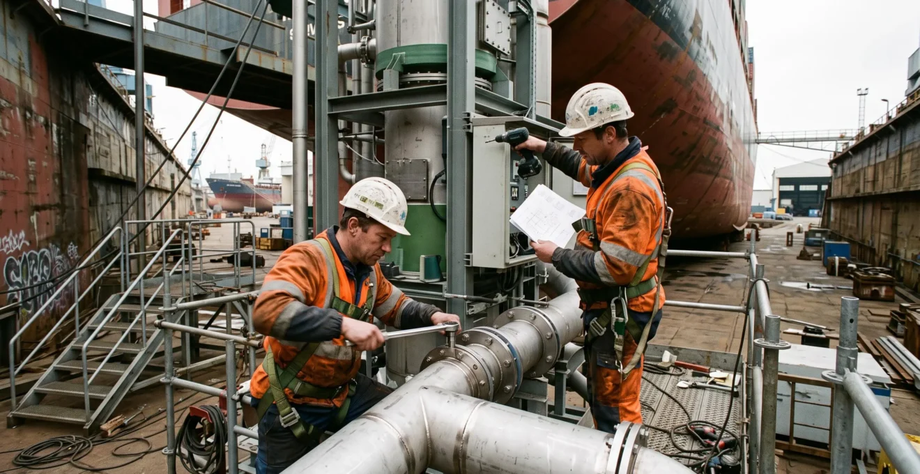 Techniciens de chantier naval en équipements de sécurité installant un système de traitement des émissions sur un navire commercial en cale sèche