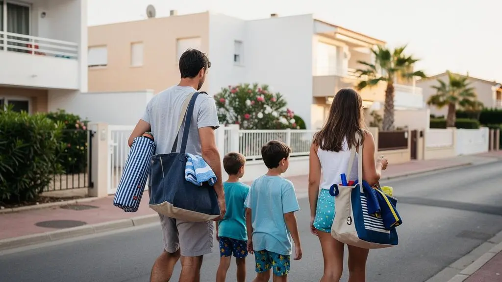 Famille avec enfants marchant dans une rue résidentielle calme du quartier du Couchant à La Grande-Motte
