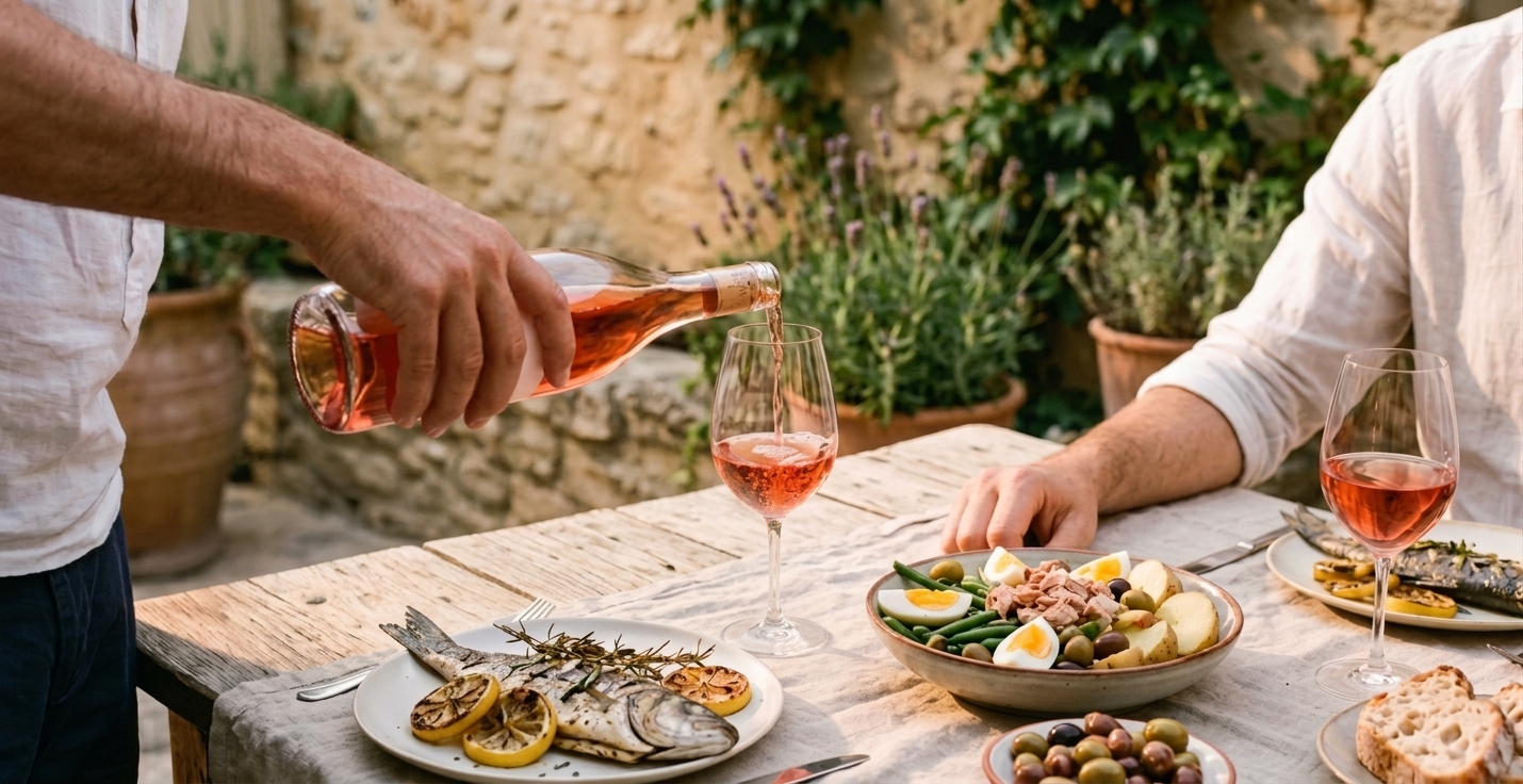 Des mains servent un rosé corail dans un verre lors d'un dîner estival avec poisson grillé et salade niçoise sur une table en lin.