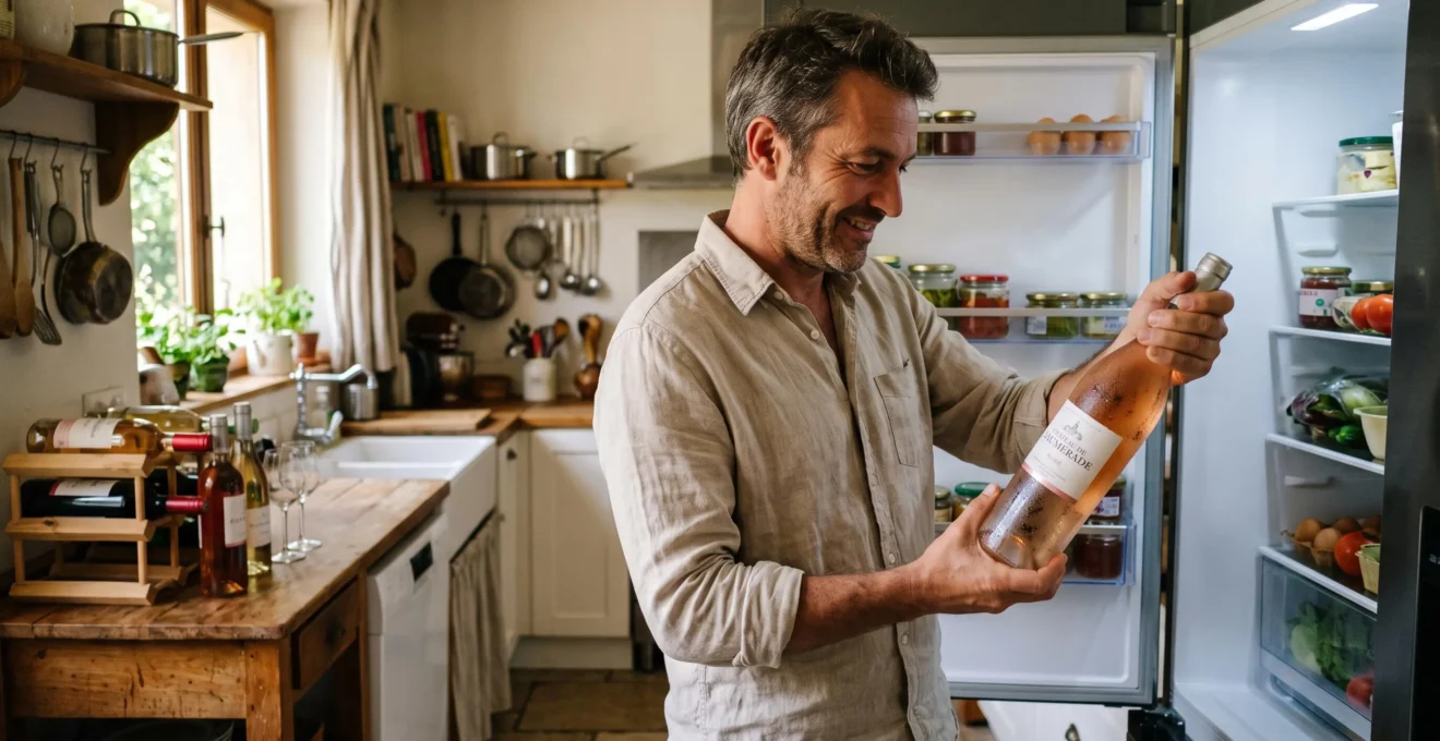 Un homme sort une bouteille de rosé couverte de condensation du réfrigérateur dans une cuisine.