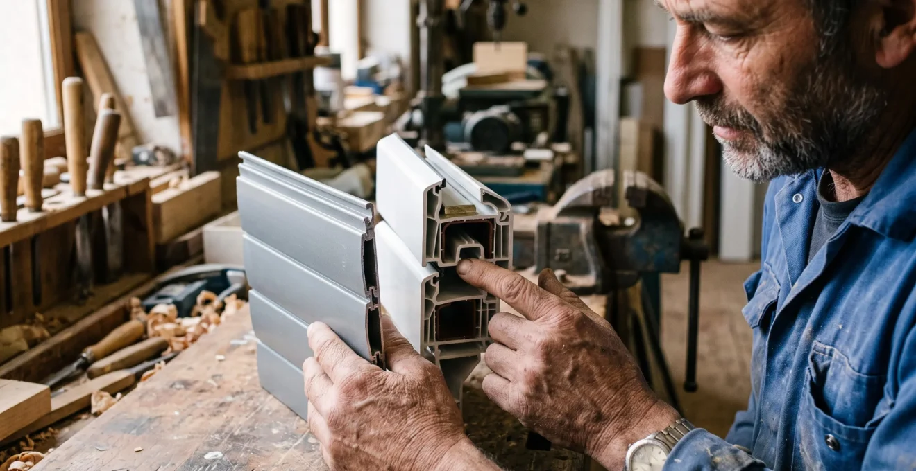Mains d'un menuisier comparant deux profilés de volet roulant, l'un en aluminium, l'autre en PVC, dans un atelier