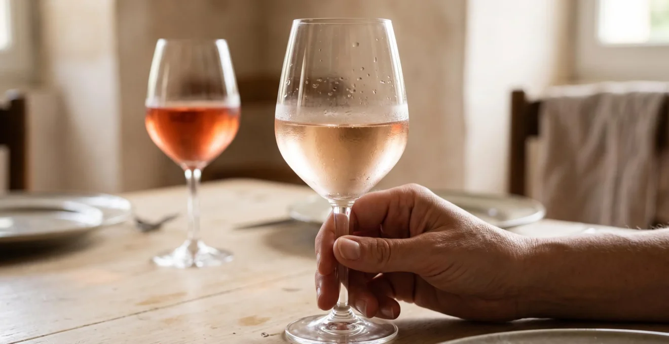 Gros plan sur deux verres de rosé de teintes différentes, l'un très pâle et l'autre corail, posés sur une table en bois clair.