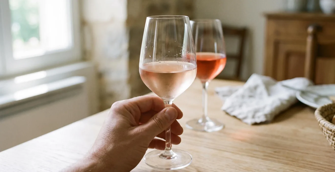 Gros plan sur deux verres de rosé de teintes différentes, l'un très pâle et l'autre corail, posés sur une table en bois clair.