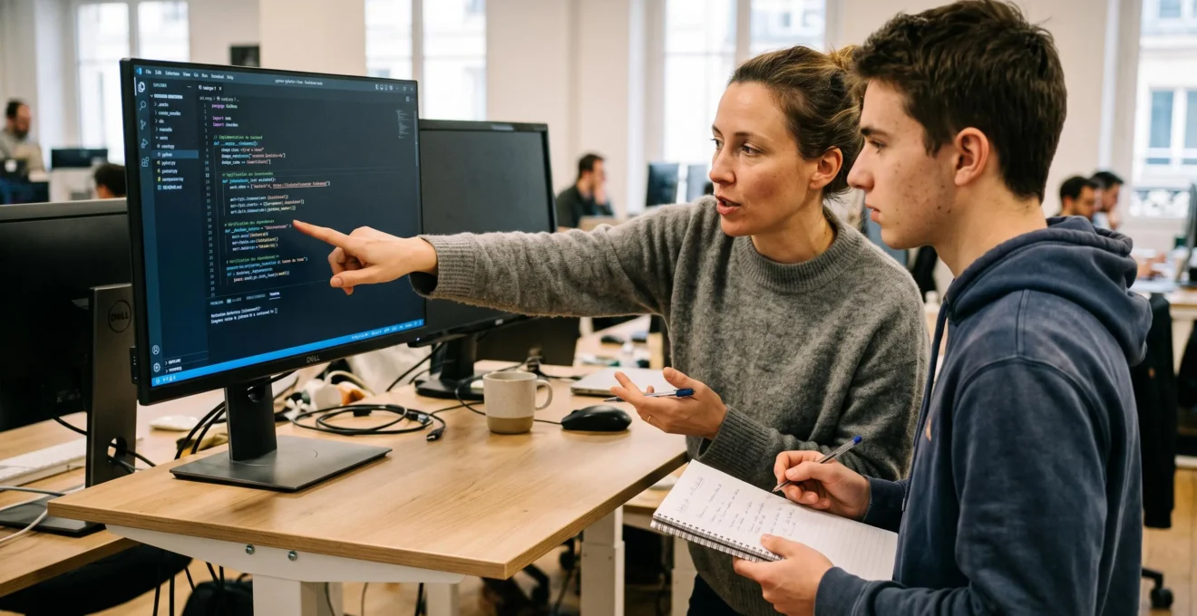 CTO d'une startup formant un jeune développeur lors d'une revue de code, debout devant un grand écran dans un espace de travail technique