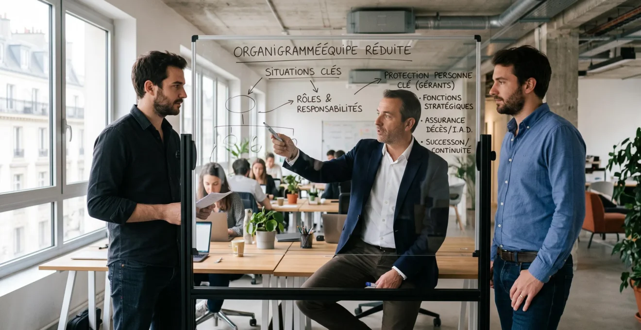 Fondateurs de startup française en discussion stratégique avec courtier en assurance debout autour d'un tableau blanc montrant un organigramme d'équipe dans un bureau moderne