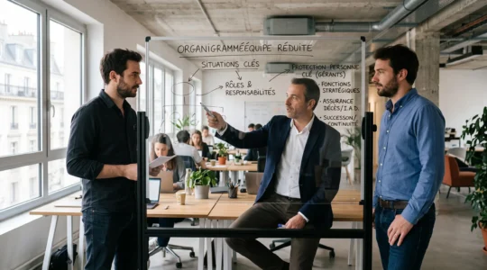 Fondateurs de startup française en discussion stratégique avec courtier en assurance debout autour d'un tableau blanc montrant un organigramme d'équipe dans un bureau moderne